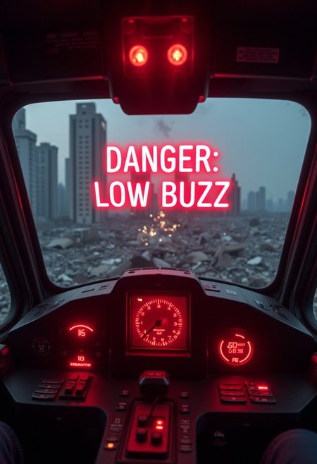 POV Gundam pilot cockpit, red warning lights flashing, the text "DANGER: LOW BUZZ" is projected on the front panel overlaying the view of city ruins from all of the fighting, the lower control panel shows a nearly depleted fuel indicator, steam hisses from the upper corner with sparks from sudden damage to the Gundam vehicle, this may be it!