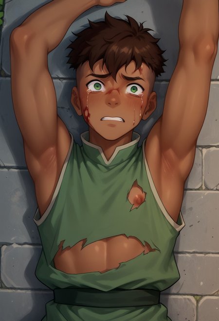 score_9, score_8_up, score_7_up, source_anime, male, crying, arm up, (arm above eyes:1.5), afraid, scared, laying on floor, laying on back on floor, battle damage, blood, open wounds, bloody body, black eye, bruised body , looking away from viewer,  (Kai, green eyes, Brown Hair, Undercut, Brown Skin),(Prison Tunic, (torn clothes:1.5, skimpy clothes), nipples, sleeveless), detailed face, petite body, park background, trees, blue sky,