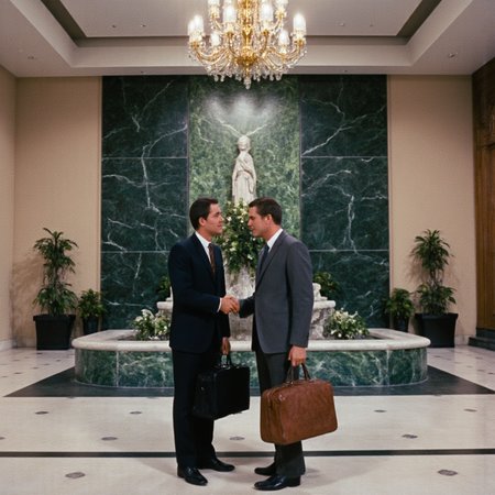 <lora:Vintage_Movie:1> <lora:detailer_flux_v1:1> detailerlora
80s photo of a 80s office lobby, men shaking hands in the lobbyâs wearing suit, holding briefcases, indoor water feature, green marble wall.  Tall ceiling,