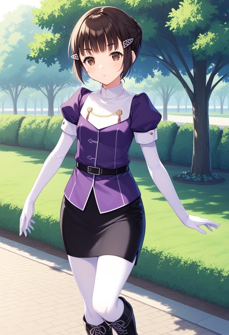 solo, cowboy shot, park, standing,  <lora:KC_03HC_myoukou_pony:1> myoukoukc, black_hair, short hair,  hair bun, single bun, short eyebrows, single braid, brown eyes, sidelocks,      myoukoudefkc, shirt_short_sleeves, military uniform, purple shirt, puffy sleeves, short sleeves, white gloves, elbow gloves, black skirt, pencil skirt, white pantyhose, black boots,, score_9,score_8_up, score_7_up, source_anime, masterpiece, best quality,  official art, official style, game cg, megami magazine, rating_safe, rating_questionable, <lora:Fixhands_anime_bdsqlsz_V1:0.75>, NEGATIVE_HANDS