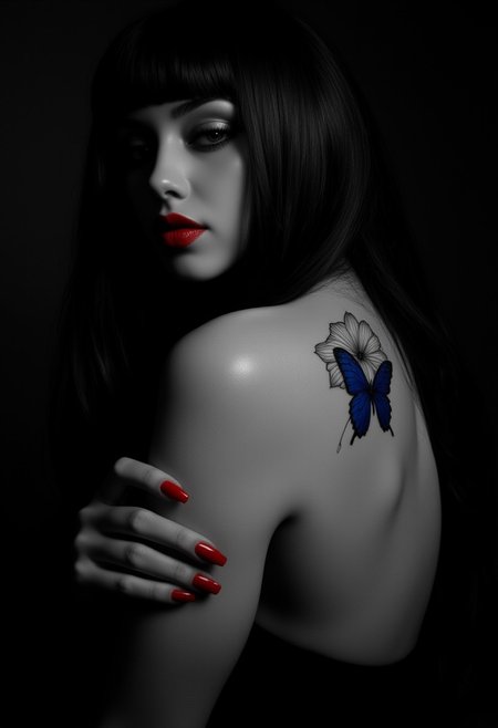 A high-contrast monochrome portrait of a woman, her pale skin standing out against a deep, textured black background. The background remains undefined, fading into darkness.
Her face is turned away from the viewer, partially hidden behind long, flowing dark hair that falls over her shoulders. Her lips are painted deep red, sharply contrasting against the grayscale tones of her skin. Shadows define the curve of her cheekbones, the slope of her nose, and the subtle dip of her closed eyes.
Her bare shoulder is softly illuminated, smooth and well-defined against the surrounding darkness. Her left hand rests gently against her upper arm, fingers delicately curled. Her long, red fingernails are painted the same deep red as her lips.
A vivid blue butterfly with finely detailed wings rests just below her shoulder blade. The butterfly is centered on a translucent tattoo of a white flower on her shoulder blade, its petals appearing soft and slightly blurred at the edges. The flower fades into the surrounding light, making it appear almost weightless against her skin.
The lighting is soft and diffused, casting gentle highlights along the contours of her face, shoulder, and hand while leaving deep shadows in the background. The selective use of color—red for her lips and nails, blue for the butterfly—stands out against the monochrome tones, drawing attention to the key focal points.