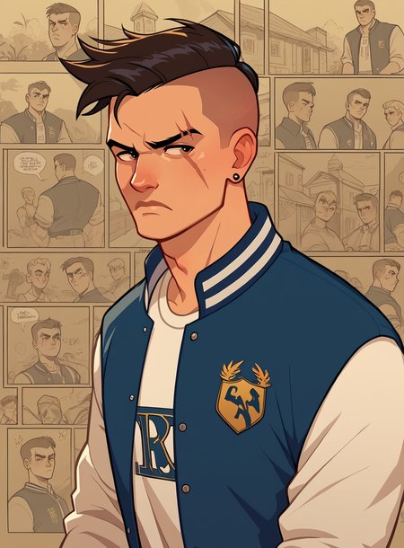 score_9, score_8_up, score_7_up, bullypxl, comic wallpaper, <lora:bullypxl:0.7>, best quality, 2d, 1boy, buzzcut, frown, blue letterman jacket, school logo, scar on eyebrow