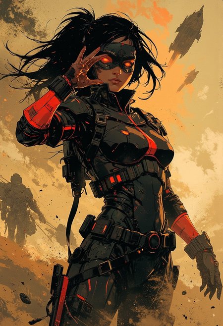 in the style of ck-mgs, nistyle, Inkplash art on rice paper, sepia, henna, Silhouette Art, magnificent, inksplash, closeup portrait, female bounty hunter, flowing black hair, reflective black and neon red armor, futuristic armor, a rifle strapped to her back, holstered pistol, holding hand up to block dust flying in her eyes, abstract background suggesting a harsh desert world, Spaceships flying overhead, dust storm, windy, 
Cowboy Shot, close up,