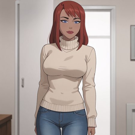 <lora:batgirlkillingjoke_pony_v1:.8>barbarakillingjoke, 1girl,red hair,  large breasts, shorthair, blue eyes, lipstick,  red lipstick,  cowboy shot, sweater, jeans