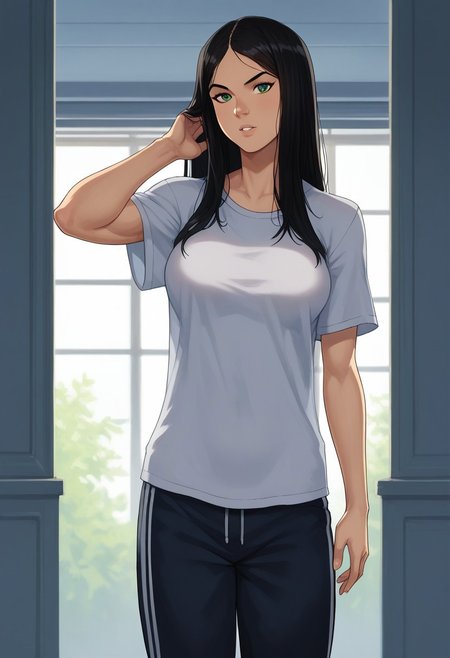 laura kinney, 1girl, muscular , pale skin,solo, black hair, very long hair, black hair,  straight hair,pale skin, green eyes, athletic girl, skinny muscular girl, looking at viewer, , perfect legs,score_9, score_8_up, score_8, 1girl, solo, looking at viewer, wide track pants,loose pants, oversized t-shirt, oversized trousers, loose t-shirt, oversize,
cartoon of amraql, , best quality,
1girl, sexy girl,
perfect medium breasts, parted lips, indoors, detailed background