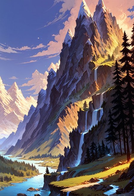 score_9, score_8_up, score_7_up, masterpiece, landscape, trees, sun, forest, mountains, river, epiCPhoto