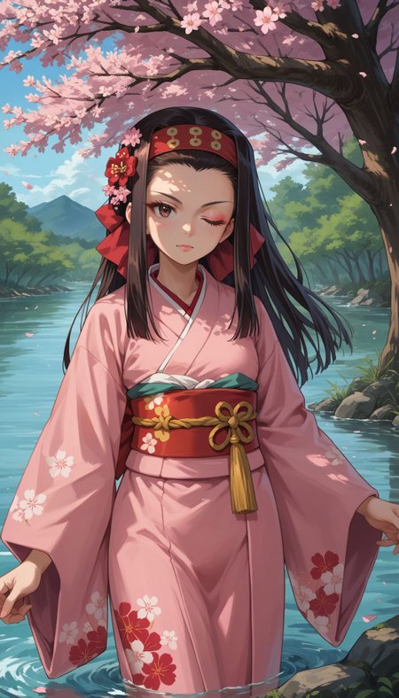 score_9, score_8_up, score_7_up, source_anime,
 <lora:Saemonza (pony):1>, 1girl, japanese clothes, long hair, pink kimono, one eye closed, water, black hair, brown eyes, sash, cherry blossoms, headband, hair ornament, hair flower, tree, outdoors, looking at viewer, obi
