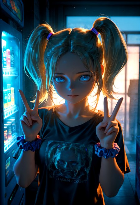 HDR, 8K, high contrast, masterpiece, best quality, amazing quality, very aesthetic, superabsurd res, high resolution, ultra-detailed, absurdres, newest, scenery, (horikoshi kouhei:0.3), (quasarcake:0.3), (wlop:0.3), light rays, chiaroscuro, dynamic angle, close up, solo, upper body, wide angle, straight on, OD_sara, 1girl, plump lips, blue eyes, short hair, parted bangs, blonde hair, twintails, big hair, big twintails, hair tie, t-shirt, fingernails, wrist scrunchie, double v, shop, vending machine, bokeh, fog, backlighting, partially illuminated, Intricately designed, Mysterious Shadows, BREAK, photorealistic, beautiful detailed eyes, detailed skin, detailed hair, volumetric lighting, dappled light, light particles, dramatic shadows, cinematic lighting, photo background, depth of field, <lora:ponyxl\cfg_scale_boost:0.8> <lora:IL\KMS_OD_Sara_IL-000009:1>
