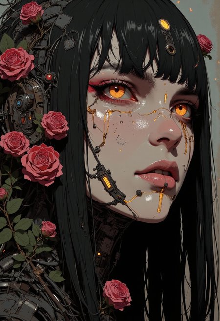 A digital anime artwork in the style of cklg. A close-up portrait of a cybernetic goth girl with an otherworldly allure, her face partially framed by tiny roses entwined with mechanical wires and rusted metal. Her pale skin contrasts sharply against the dark, ornate designs of her cybernetic enhancements, with glowing amber filigree running delicately across her cheeks and brow like veins of light. Her deep crimson lips are accentuated by streaks of dark metallic rust spreading from her jawline into her neck, giving her an ethereal yet decaying beauty. Her eyes, a striking shade of molten gold, appear both human and artificial, glimmering softly as though powered by an inner machine. Long strands of black hair cascade over one side of her face, some strands replaced by faintly glowing cables woven like silk. The roses, metallic and organic in equal measure, are vibrant red but with edges corroded by rust, appearing frozen between life and decay. The soft, moody lighting casts a faint sepia glow, giving the image a melancholic, post-apocalyptic atmosphere. The blurred background hints at an industrial wasteland with faint, glowing embers floating in the air, adding to the haunting fusion of life, death, and machinery. This surreal, steampunk-gothic vision encapsulates beauty entwined with corrosion.