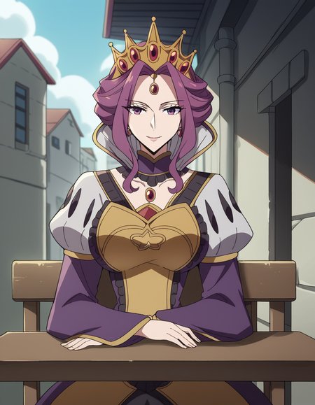 score_9, score_8_up, score_7_up, source_anime, <lora:mirelia-q-melromarc-s1s2s3-ponyxl-lora-nochekaiser:1>, mirelia q melromarc, purple hair, purple eyes, large breasts,, long sleeves, dress, jewelry, frills, puffy sleeves, wide sleeves, crown, purple dress,, alley, narrow, urban, dark, buildings, smile, sitting, elbow rest, table,, looking at viewer, solo,, dutch angle, cowboy shot