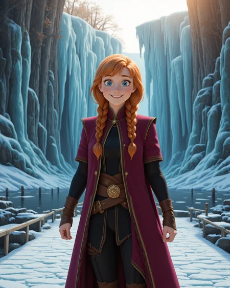 hyperRealistic Style in a wide shot. Looking at viewer, outdoors in daylight, Triumphant with a wide grin, raised fists, and eyes gleaming with pride.
<lora:Frozen_-_Anna_v2_000030:1> f-anna 20 year old woman she has blue eyes, orange hair and a freckled face. strawberry-blonde hair in twin braids, wearing
a young woman with strawberry-blonde hair flowing freely, wearing a dark magenta travel coat with high collar and golden trim, black long-sleeved tunic underneath, belted waist with brown leather sash, black pants tucked into tall brown leather boots, golden brooch fastening cloak, exposed hands with visible fingers, confident stance, autumn forest background, cinematic lighting, full body
626. Standing on a curved bridge at sunrise, with a dreamy gaze, mist lifting from the water Frozen Waterfall Cavern â Standing at the base of an enormous waterfall frozen mid-cascade, they reach out and feel a strange warmth beneath the ice, as if something still moves within. Light refracts through the frozen curtain, filling the cavern with prismatic colors.