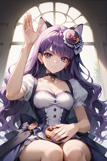 score_9,score_8_up,score_7_up,masterpiece, best quality, source_anime, 1 girl,<lora:Smooth Anime:0.7> sitting, <lora:SILENCIO_V2:0.8>  hand up, leaning on back, from below,
<lora:Cure Macaron:0.8> Cure Macaron, Kotozume Yukari, fake cat ears, purple bow choker, macaron hair ornament, red earrings, purple hair, purple eyes, wavy hair, long hair,
