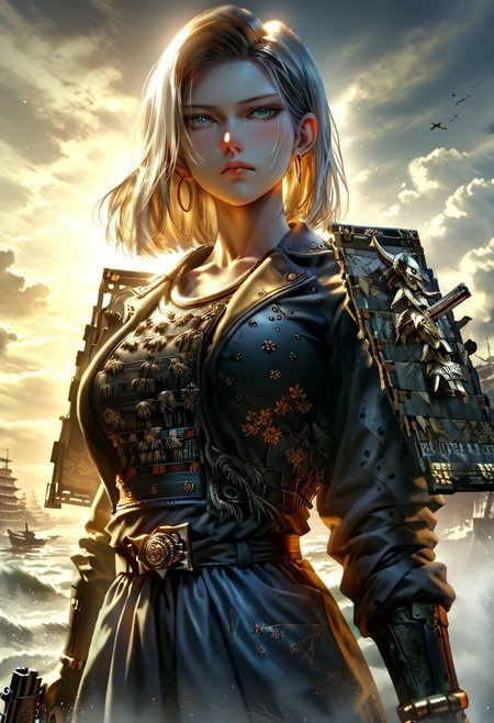 score_9, score_8_up, (cowboy shot:1.5), chest focus, best quality, masterpiece, high contrast, 8k, highly detailed, extremely detailed face, beautiful , Android No. 18, indifferent, blushing, excited, arrogant, side-parted blond hair, slender and perfect figure, (huge breasts: 1.0), thin waist, sexy long legs, beautiful blue eyes, big hoop earrings, wearing Japanese Warring States period armor, holding a Japanese Warring States Period matchlock gun ,  body shot from waist up, detailed background, surreal, HD, extremely detailed, high resolution, cinematic lighting, octane rendering, 8k resolution, Artstation quality, Horizontal viewing angle