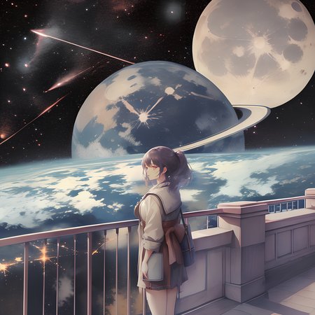 (high quality, masterpiece), eotw_lora, 1girl, standing, closeup, balcony behind, planet, sky, night, moon, star (sky), night sky, scenery, starry sky, <lora:eotw_lora:1>