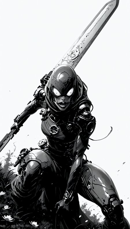 holding weapon, fighting stance, holding  buster sword,huge weapon,, WCG-Illu,, kaarea masterpiece, best quality, high quality, ultra-detailed, realistic,  traditional media, vivid_color, high contrast, speed lines, move_effects, action Create a detailed black and white sketch of a humanoid figure with a futuristic design. The figure's head is tilted slightly to the right, revealing a face with a pronounced nose, large eyes, and a slightly open mouth. The face is adorned with intricate mechanical details, including gears, tubes, and other mechanical components, giving it a complex and technological appearance. On the left side of the face, there's a circular object with a flower-like design, which could be interpreted as a part of the head or a decorative element. The overall style should reflect a fusion of realism and fantasy, with a focus on the interplay of light and shadow to create depth and dimension. solo, simple_background, white_background, greyscale, parted_lips, no_humans, traditional_media, robot, ink_\(medium\),    holding weapon, fighting stance, holding  buster sword,huge weapon,, WCG-Illu,, kaarea
