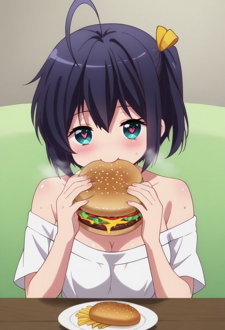sitting on seat, upper body,
eating gurger, holdinf burger, dokaguiburger
rating explicit,
BREAK
score_9,anime screencap, masterpiece, ambient lighting,
1girl,solo,rikka takanashi,one side up,short hair,ahoge,bow,black hair,
head tilt, looking at viewer, half-closed eyes, shaded face, smile, blush,
sweating, steam, hearts, heart eyes,
BREAK
masterpiece, ambient lighting,
medium breasts, round breasts, 
pink off-shoulder shirt, cleavage,
table