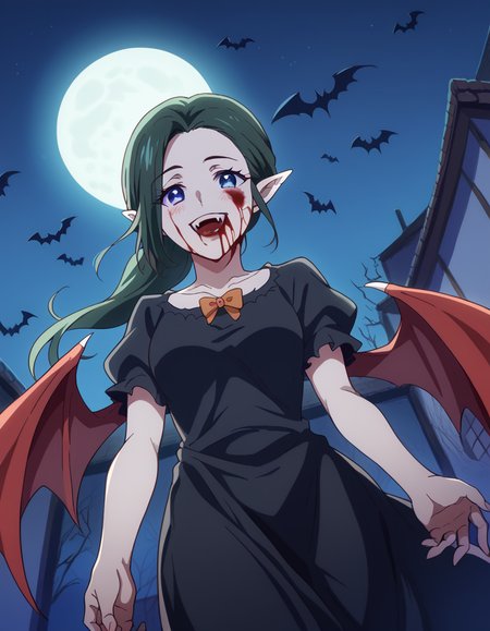 score_9, score_8_up, score_7_up, source_anime, <lora:haruhiko-mother-s1-ponyxl-lora-nochekaiser:1>, haruhiko mother, long hair, blue eyes, ponytail, green hair, medium breasts,, <lora:vampire-ponyxl-lora-nochekaiser:1>, vampire, red eyes, pointy ears, fangs, black dress, wings, blood, blood on face, blood on mouth, bat (animal), halloween, halloween costume, upper teeth only, night, moon, blush, smile, open mouth, , dutch angle, cowboy shot