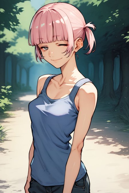 score_9, score_8_up, score_7_up, 1girl, closed eyes smile, looking at viewer, hand_behind_back, pink hair, blunt_bangs, short twintails, grey eyes, breasts, blue clothes, outdoors, vanishing point, no light  <lora:kotoyama_PonyXL_style_v01:1>