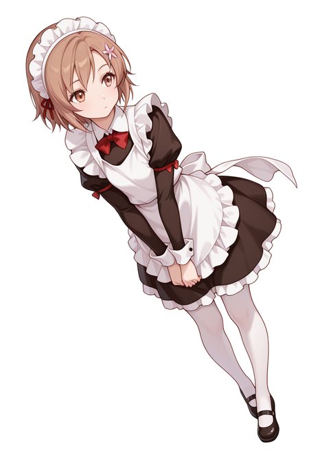 Smooth Quality,masterpiece,very intricate, high quality details, ultra realistic, high detailed skin,detailed enviorement,absurdres,
akanbe,
 <lora:Yukimura_Kusunoki_CNR:0.8> yukimuria_cnr, 1girl, brown hair, short hair, brown eyes,hair flower,maid, maid headdress, apron, dress, white pantyhose,mary janes, shoes,bow,, simple background, white background, dynamic angle,solo,, 0w0,