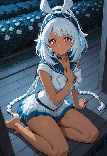 masterpiece, best quality, highres, absurdres, very awa, 1girl, solo, inaaum, white hair, twin braids, long hair, dark-skinned female, sailor moon outfit, outdoors, garden, night, bush, yokozuwari, sitting, arm support, full body, from above, red eyes, blue hairband, grass, flower, porch, looking at viewer, hand on own chest, closed mouth, smile