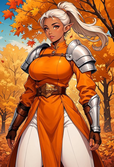 score_9, score_8_up, score_7_up, score_6_up, score_5_up, score_4_up, ANIMEShader, beautiful elven woman, (dark skin:1.3), long white hair in a ponytail, small cute button nose, soft round chin, detailed orange eyes, bright orange eyes, high definition eyes, detailed eyes, elf ears, huge breasts, orange dress, long sleeves, armor, shoulder pads, breastplate, belt, fingerless gloves, white pants, brown boots, autumn, blue sky,