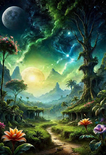 Concept Art, (masterpiece: 0.3) high detailed, bright natural lighting, shadows, high contrast, a tropical Forest in alien planet, two big moons in sky, Old civilization ruins, seeing (mythical alien like not on earth plantations Neon lights on Flower kind plants) Trees plants and flowers from the ground, view from below, atmospheric dreamscape painting, dream scenery art, highly detailed visionary art, cgi style, vibrant oil painting, splash art, Cozy mystery, masterpiece 8k wallpapper, neoplasticism, Unreal Engine, dramatic lightingvines, overgrown, ink stains, ink splatters, ink runs, ink spots, faded ink,ral-dissolve, linquivera, liiv1, on parchment