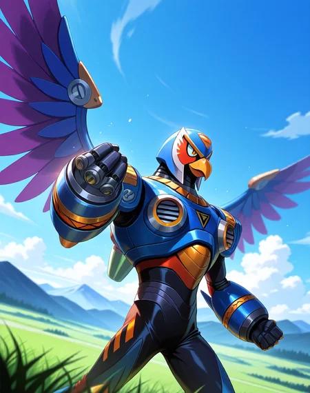 <lora:Storm_Eagle_(Mega_Man_X)_(Illustrious)_(AD):1> Storm Eagle, reploid, MMX, 
((
exterior, blue sky with clouds, mountain valley, grassy valley, 
dutch angle, dynamic action, cowboy shot, perfect depth of field shot, 
):1.5), 
male focus, intense shadows, dynamic shadows, intricate details, attention to details, gradient coloring, robot, beak, bright vivid colors, deep metallic colors, glossy metal body, wings, fighting stance, smug, smile, 
BREAK very awa, masterpiece, best quality, amazing quality, very aesthetic, highres, absurdres, photographic realism, 8K CGI render, 
EZRealPONYXL, zPDXL, Smooth Quality, lazynsfw,