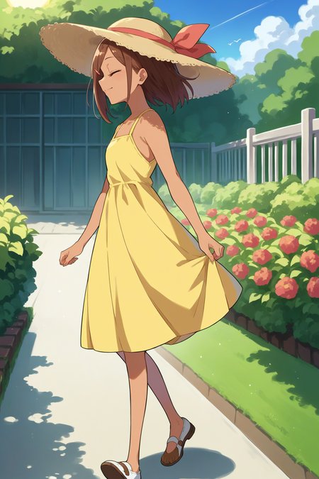 score_9, score_8_up, score_7_up, score_6_up, source_anime, 1girl, solo,  <lora:ueharaayaka-pdxl-nvwls-v1-000006:1> ueaya, brown hair, tan, hairclip, yellow sundress, sun hat, closed eyes, happy, garden, walking, from side, looking at you
