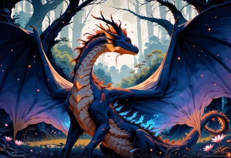 score_9, score_8_up, score_7_up, score_6_up, score_5_up, score_4_up, A mystic (((feral dragon))) with ethereal wings,  ethereal, vivid colours, lush, dreamlike, detailed and vibrant, full scene composition, good anatomy, beautiful eyes, mystical, elegant, beautiful, high res, Ethereal Brushstroke
