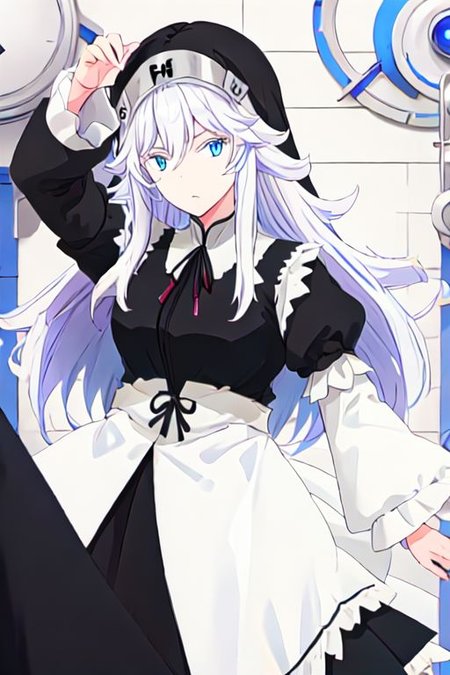 solo, 1girl, solo_focus, 
sister ivry, long hair, bangs, blue eyes, hair between eyes, white hair,, maid, nun, habit, puffy sleeves, long sleeves, dress, black dress,