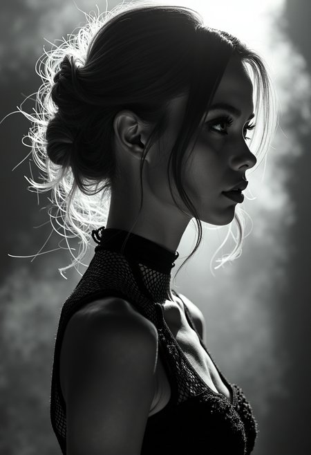 A highly detailed, black-and-white, silhouette, closeup, professional photo portrait of a young woman with a delicate, almost otherworldly beauty. She has fair, porcelain-like skin and striking almond-shaped eyes framed by long, dark lashes that draw attention to her gaze. Se is looking to the left, away from viewer. Her hair is voluminous and styled in an elegant updo, with soft, loose strands falling around her face to soften her features. Her lips are full and slightly parted, lending a subtle, sultry allure to her expression. She wears a form-fitting, high-necked top made of delicate, fishnet fabric, which accentuates her slender physique and adds a touch of subtle sensuality. The background is pitch black, with smoke behind the woman, creating a dramatic contrast with her light skin and hair, drawing the viewerâs focus entirely onto her. The lighting, hitting only one side of her face, is hard in chiaroscuro style, giving depth to her features and an air of mystery. The overall style blends gothic and fantasy influences, with a strong emphasis on realism and a refined sense of elegance and enigma.