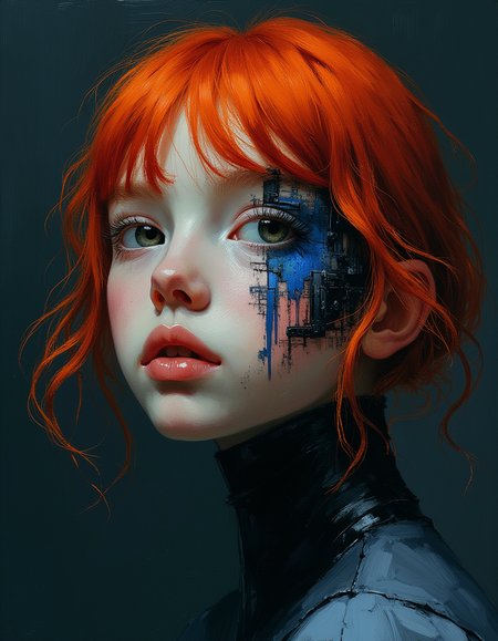 portrait of red-haired teen girl with a cybernetic face made of synthetic leather parts, carbon neck and matte blue details, transparent and translucent minimalistic shapes, gradient background 
Shadow and light, Masterpiece, intricate lines, intriguing atmosphere, sharp magnificent details, delicate features, elaborate details, (2\3 rule composition:0.5), ultra detailed, romantic, Rembrandt lighting, brush stroke, lovely, del1cate_balance style, novuschroma, in the style of Rembrandt. vantablack <lora:style_of_Rembrandt_FLUX_135:.8> <lora:- Flux1 - vanta_black_V2.0:.3> <lora:Delicate_Balance:.3> <lora:neeeg_f1:-1> <lora:113_novuschromaFLX_1:.4>