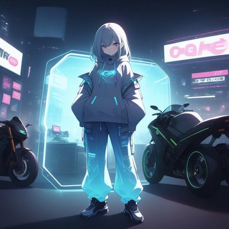 a cyberpunk hacker girl standing outside of a futuristic ramen shop next to her parked high tech motorcycle, she is wearing baggy holographic pants and hoodie, and a digital rebreather, digiswag, high quality, high resolution