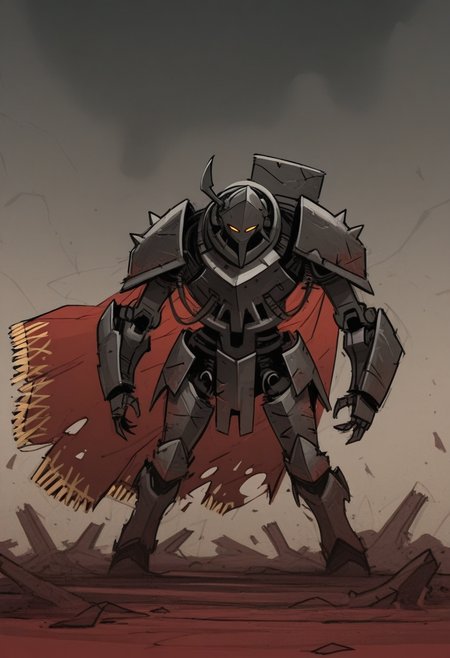 a13xstyle, sketch, masterpiece, best quality, solo,                                                                                  rhino Armor mecha knight,  red royal cape, war torn background,