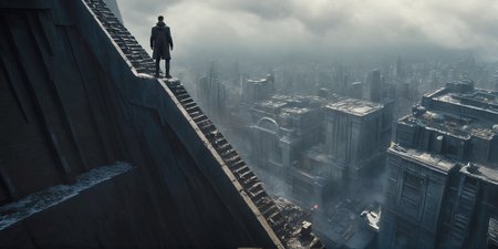 Dark Fantasy Art of  <lora:Blade Runner Style:1>
High angle from above Cinematic Hyperrealistic Artstation Artwork of a man hanging over a ledge of a tall building to the left Blade Runner style, dark, moody, dark fantasy style