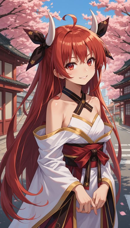 score_9, score_8_up, score_7_up, source_anime, 1girl, solo, outdoors, street, cherry blossoms, cowboy shot, standing, looking at viewer, shiny skin, 
 <lora:Itsuka Kotori :0.8>  kotori itsuka, long hair, red eyes, very long hair, red hair, ahoge, ribbon, hair ribbon,
, BBKotori, 1girl, horns, red eyes, red hair, long hair, smile, bare shoulders, ahoge, looking at viewer