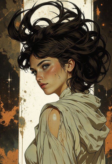 This is a highly detailed, hyperrealistic digital artwork portraying a woman with an ethereal, otherworldly presence. Her pale, smooth skin and delicate, almost translucent features give her a serene yet introspective aura. Her large, expressive eyes hold a melancholic gaze, while her full lips, slightly parted, exude quiet contemplation. Her voluminous hair flows dramatically, resembling an intricate cloud or ink wave, rendered in swirling black and white patterns that convey a sense of depth and movement. The striking contrast between the dark, detailed lines of her hair and the white background emphasizes its dramatic flair. She is draped in a sheer, off-white garment that falls loosely over her shoulders, subtly revealing hints of her bare skin beneath. The garment's soft, delicate texture is crafted with meticulous lines and shading, enhancing its ethereal quality. The background features a blend of dark, earthy tones—predominantly deep browns and blacks—creating a moody and atmospheric setting that harmonizes with her ghostly elegance. This artwork masterfully fuses realism with abstract elements, resulting in a visually captivating piece that balances detail and dreamlike surrealism.