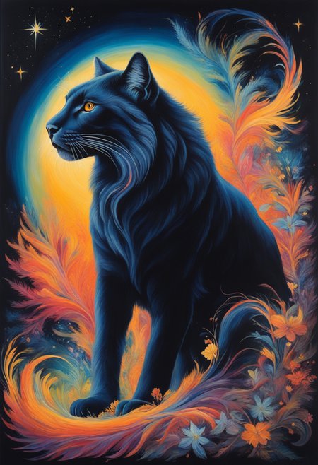 In the vivid strokes of the painting, a majestic plasma prowler emerges, its eyes shimmering with wonder and possibility. The opulent creature is rendered in a captivating mix of vibrant colors against a velvety black backdrop, resembling a star-studded night sky. This gouache painting brilliantly captures the essence of the mystical creature, boasting intricate details and meticulous brushwork. Every brushstroke showcases the artist's exceptional skill, resulting in a high-quality image that exudes a sense of awe and allure.
