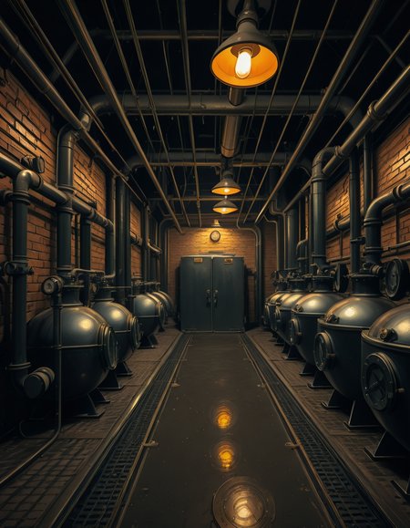 A highly detailed and realistic photograph of an industrial boiler room filled with large metal boilers, complex pipe systems, and pressure gauges. The room is dimly lit with a mix of warm yellow lighting from overhead industrial lamps and cool blue reflections from metallic surfaces. The air is slightly hazy with steam escaping from some of the pipes. The floor is made of reinforced concrete with visible stains from oil and water. Various control panels with blinking LED indicators and warning signs are mounted on the walls. The atmosphere is rugged and mechanical, evoking a sense of power and industrial efficiency. The depth of field is sharp, capturing intricate details such as rust on old pipes, the texture of the metal surfaces, and the labels on the control panels. The composition emphasizes symmetry, with pipes and machinery creating a structured, almost futuristic aesthetic.
<lora:SDXLFaeTastic2400:0.4> <lora:extremely_detailed:0.4> extremely detailed, <lora:industrial_boiler_room-i:1>,industrial b01l3r r00m, Masterpiece,best quality,hi res,8k,hi res,8k,award winning,(sharp focus, intricate, highly detailed),