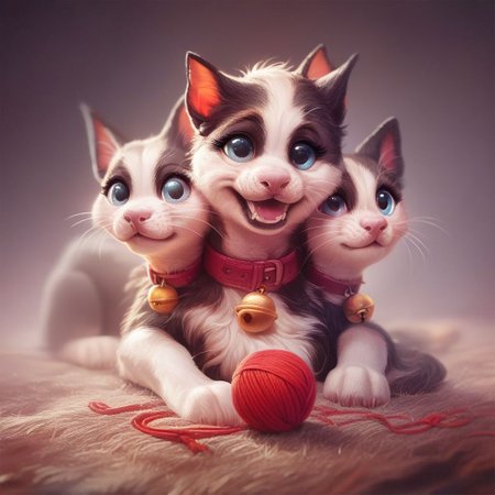score_9,score_8_up,score_7_up,score_6_up,cerberus,source_pony, cats,  cute, kitten, collar, bell, big eyes, energetic, yarn ball,