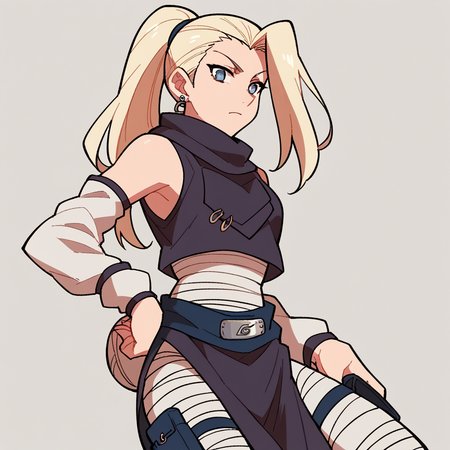 score_9,score_8_up,score_7_up,score_6_up, < <lora:Ino_Genin_Pony-000007:1>, inog, 1girl, solo, bandana around waist, pelvic curtain, long hair, ponytail,  blue eyes, blonde hair, earrings, bandaged waist,  detached sleeves, bandaged leg, crop top, sleeveless, thigh pouch, scarf,