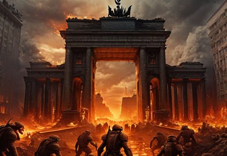 hyperdetailed photo, Cinematic, photo, berlin, brandenburger gate, atomic apocalyps, in hell, fire, lava, smoke,  monsters are crawling out of the ground, creatures on the ground, borken houses, broken streets, HellAI, dramatic, apocalyptic scenery , demonic,