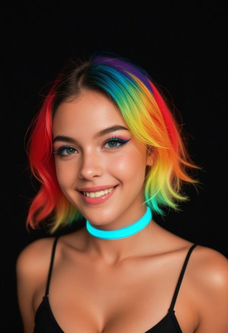 ((vibrant glowing color)), score_9, score_8_up, score_7_up, (realistic:1.4), cute face, (thin neck),  ((rainbow_theme, pop art)), small boobs, cleavage, glowing glowstick choker, (young:1.5), ((boobs focus)), (volumetric lighting),
1girl, multicolored wig, genz_haircut, (bangs:1.1), side view, (detailed face and eyes:1.2), white background, perfect cute face, blushing, (((feminine))), goth makeup, dappled light, sexy cleavage, turning to look at viewer, vibrant colours, (happy, excited_expression, wide smile), round face, (((small sagging boobs))), (((glowing, streaks))), circles, evening, black background, dark eyeliner, thick thighs,
