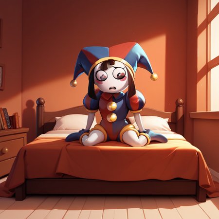 score_9, score_8_up, score_7_up, score_6_up, score_5_up, score_4_up, 1 girl
cartoon style, cartoony style,
pomni,jester cap,blush stickers
 full body, bedroom, bookshelf, bed,
