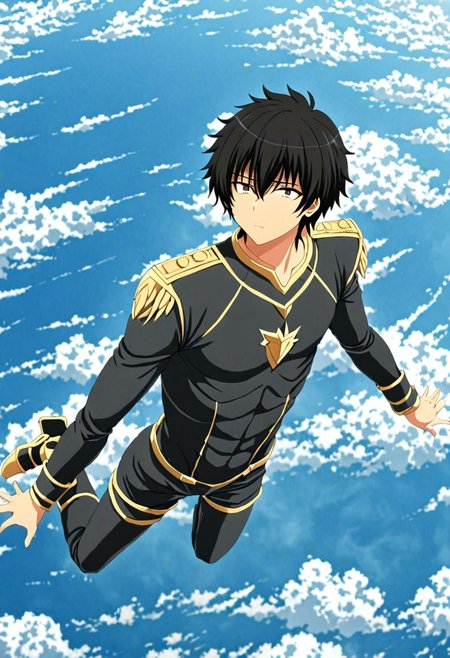 high resolution, solo, best quality, 1Boy, Seiya Kanie, black hair, short hair, thin, free fall, sky , OverallDetail