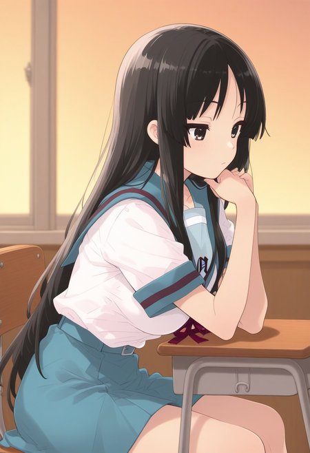 akiyama mio, long hair, bangs, black hair, black eyes, hime cut, mature female, medium breasts, serafuku, sailor collar, white shirt, short sleeves, skirt, suzumiya haruhi (cosplay), lazypos, classroom, sit on chair, side view, resting on hand, bored, 4k, masterpiece, 8k, highres, vivid colors, evening,  score_9, score_8_up, score_7_up, shiny colors