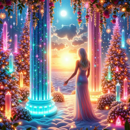 A Neon Christmas Style Chr457m45m3rg3D0nMN3M1C A woman with iridescent blue hair and skin that shimmers like polished opal stands at the edge of a vast, crystal-lined chamber filled with a kaleidoscope of warm hues as the sun dips below the horizon outside, casting a fiery glow through the palace's many facets, her slender fingers trailing across the surface of a glittering crystal column as if communing with its ancient energy, amidst which delicate, crystalline flowers bloom in every color of the rainbow and a thousand tiny, shimmering lights dance around her, infusing her form with an ethereal radiance that seems to harmonize perfectly with the vibrant tapestry of colors unfolding outside.
<lora:Chr457m45m3rg3D0nMN3M1CFlux:0.9>