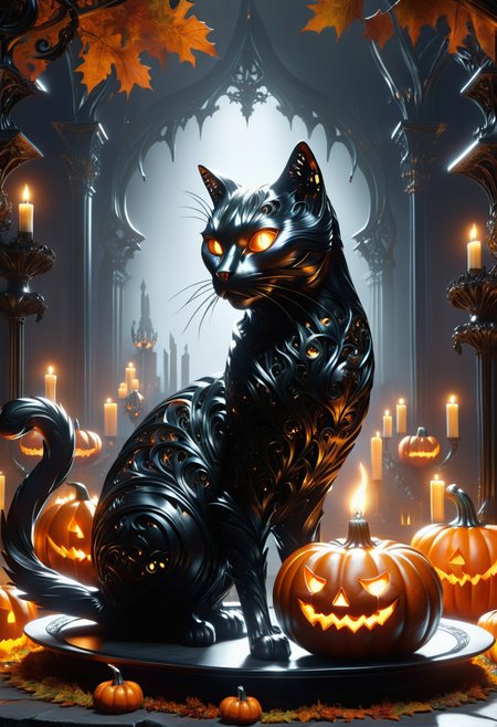 hyper detailed masterpiece, dynamic, awesome quality, DonMSt33lM4g1cXL black cat, shadowy, pumpkin pie, cursed candelabras, tombstones,, made of steel, shiny  <lora:DonMSt33lM4g1cXL-v1.1-000008:1>