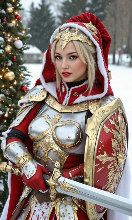 VALHERO shieldmaiden wearing Christmas haute couture armor and shield and sword  <lora:ChristmasCouture.safetensors:1.0>