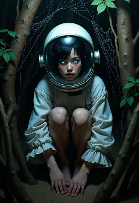 score_9, score_8_up, score_7_up, easynegative, Expressiveh, spiderweb cave, underground, glitch, flickering, digital, glitch style, 
20-year-old female, astronaut helmet, country bumpkin, solo focus, solo, encased within cocoon (spiderwebs, twigs, leaves), feet tucked in, 4 legs, 4 arms, crouching, threatening, tilted slightly: 1.5), astronaut helmet, country bumpkin, cute, expressive, dark hair, skindentation, solo focus, tanlines, skinny, freckles, face focus, feet, orgasm face, 
dark shadow, tight space, black shadows, glowing eyes, glowing teeth,